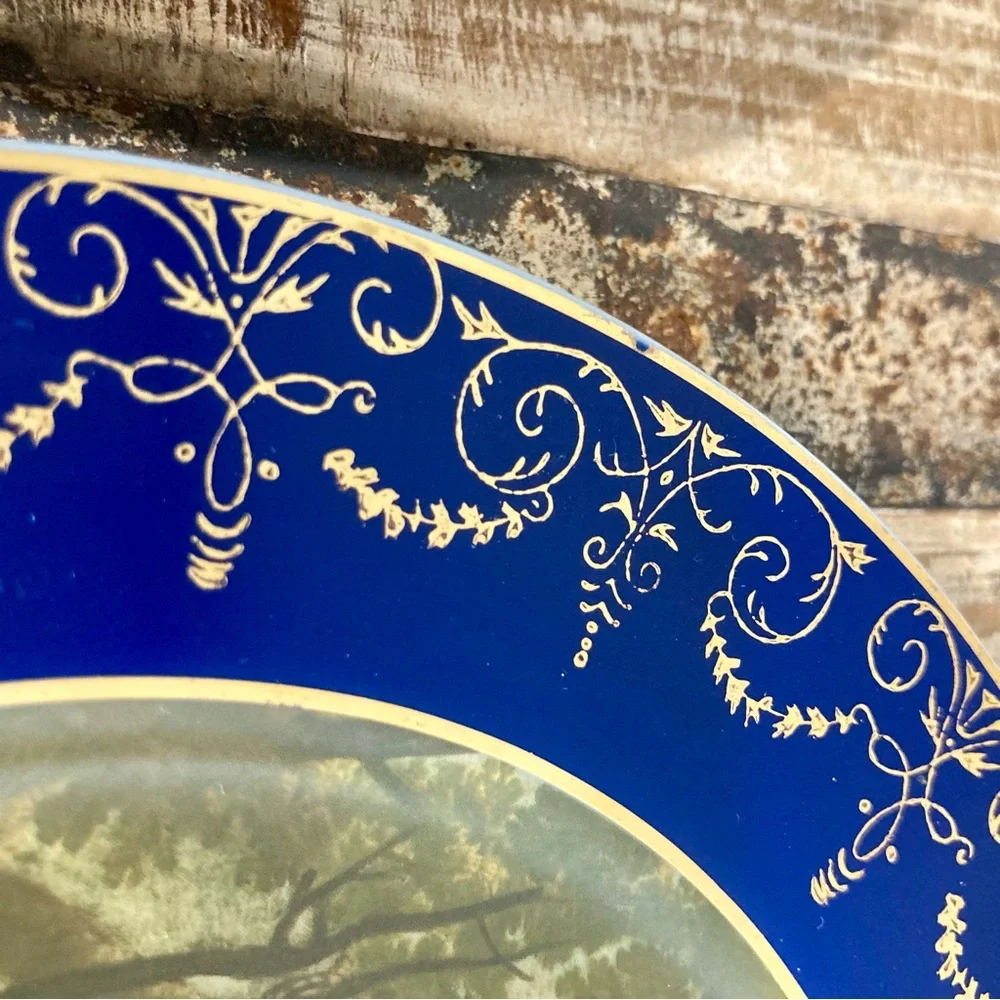 Pair Vintage Reproduction Blue & Gold Decorative Plates Wall Hanging French Art